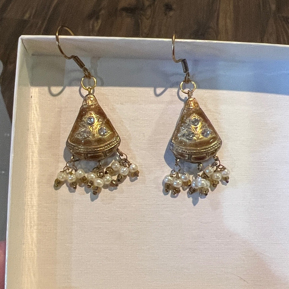 Gold and Pearl Dangle Earrings with crystals. No stamp, hook backing.
